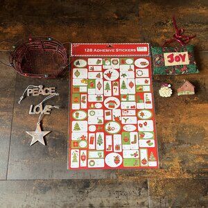 Misc Christmas: Basket/Silver Ornaments/Stickers/Joy Pillow/Santa Pin/House Orn.